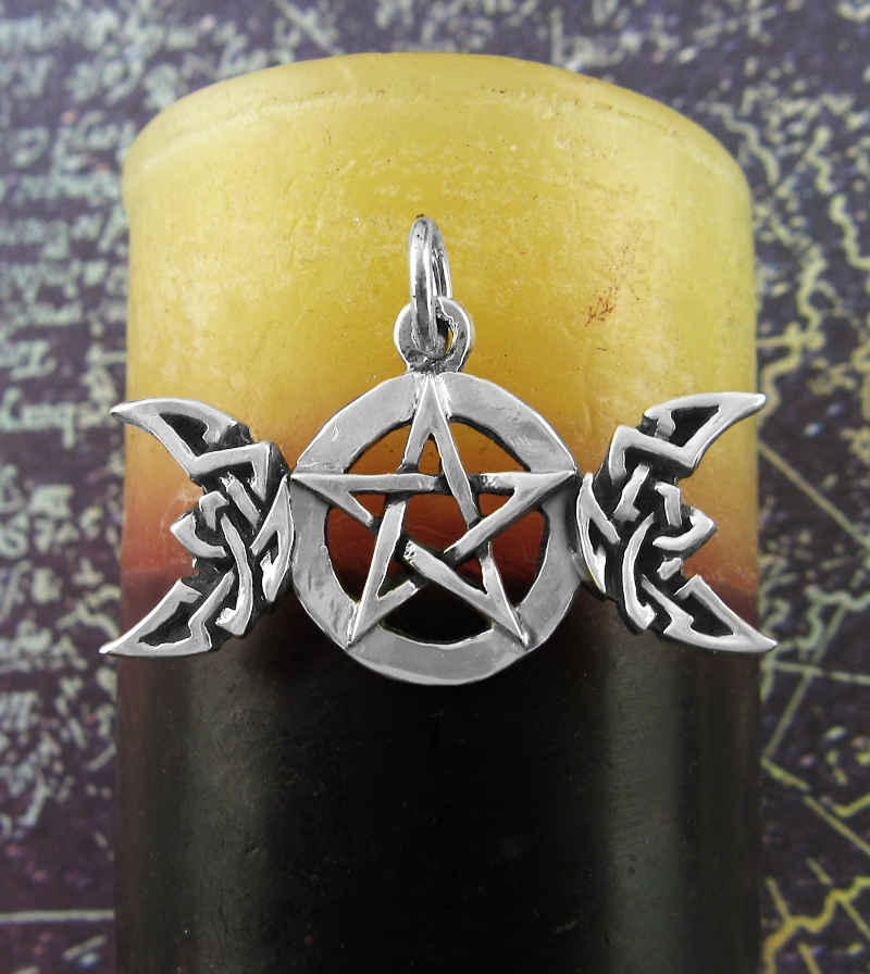 Celtic Triple Moon Goddess Pentacle Pendant Necklace Crescent Phases Pentagram Witchy Witchcraft Wiccan Pagan Witch Jewelry Mystical front view three