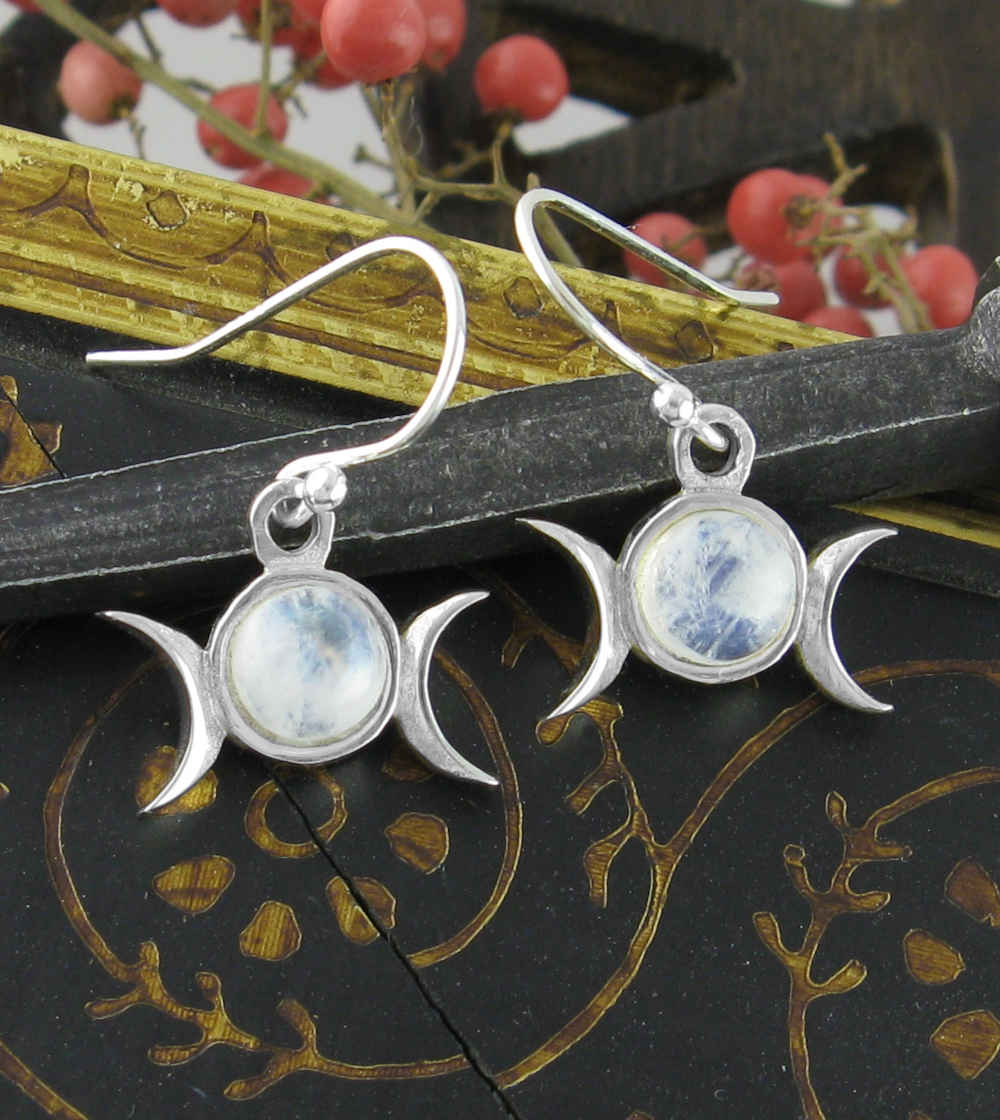 Little Triple Moon Gemstone Hook Earrings Round Cabochon Dangle Crescent Wiccan Goddess Lunar Phases White Witch Wicca Pagan Woman with moonstone