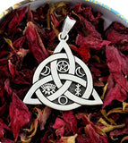 Pendentif Triquetra avec cercle entrelacé, pentagramme, lunes, yeux et rune de liaison de protection