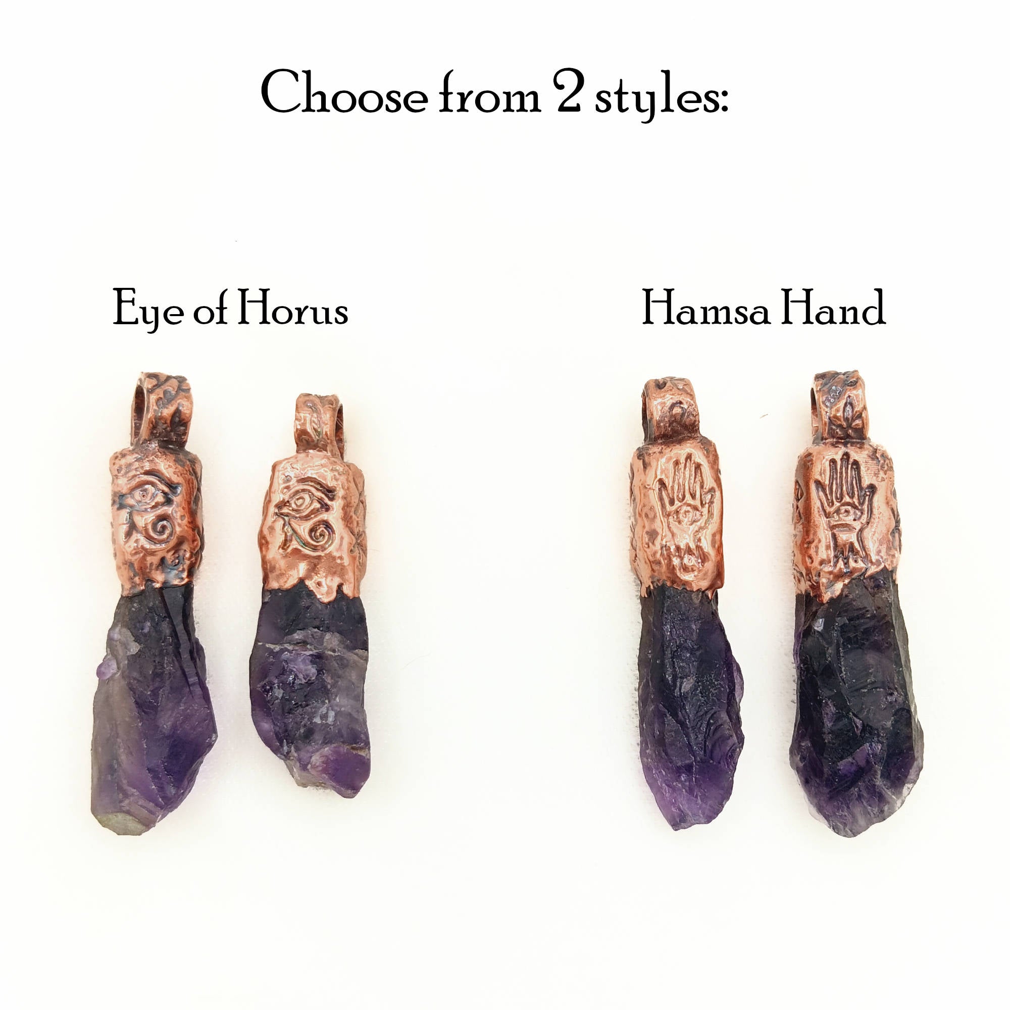 Close-up of raw dark purple amethyst pendant with protective symbols, copper electroformed cap, and 24-inch chain.