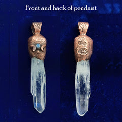 Copper pendant with triple moon and crystal, showing front and back