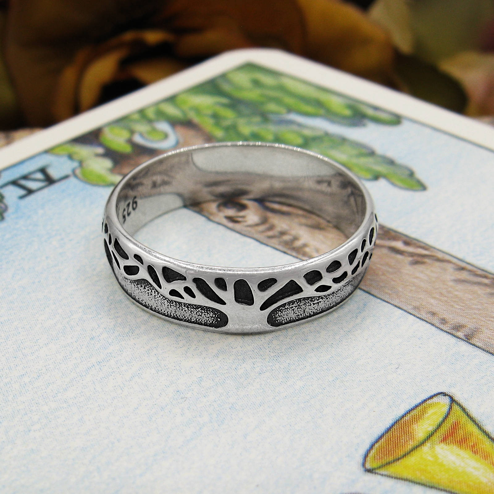 Tree of Life Oxidized Band Ring Honeycomb Hexagon Pattern Family Nature Interconnected Wiccan | Woot & Hammy