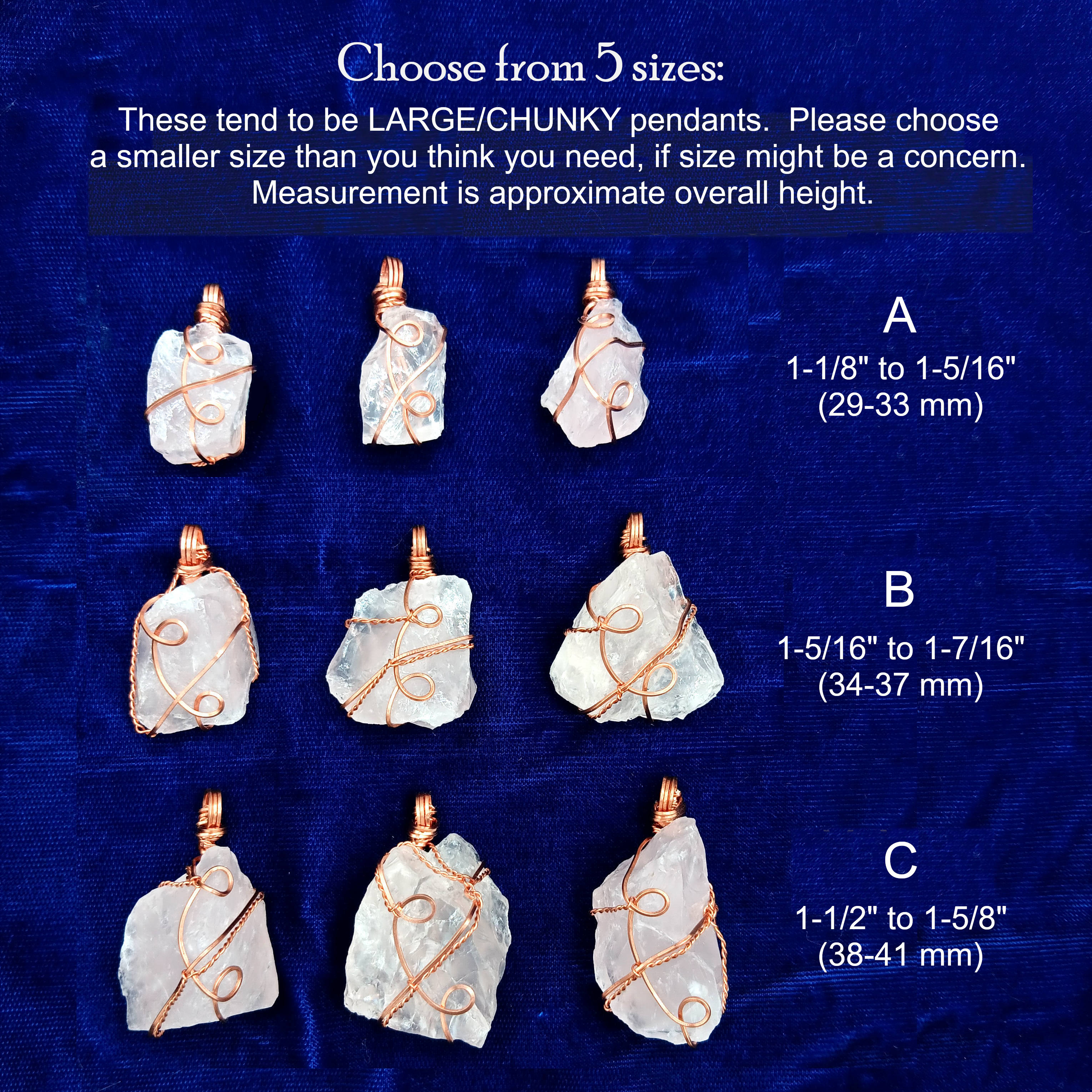 Set of rose quartz pendants with copper wire wrapping on a blue background, showing different sizes.