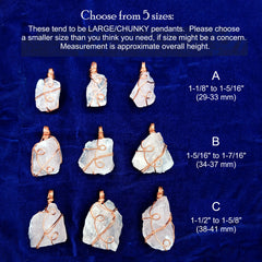 Set of rose quartz pendants with copper wire wrapping on a blue background, showing different sizes.