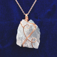 Chunky Raw Rose Quartz Crystal Pendant, Copper Wire-Wrapped, Handmade
