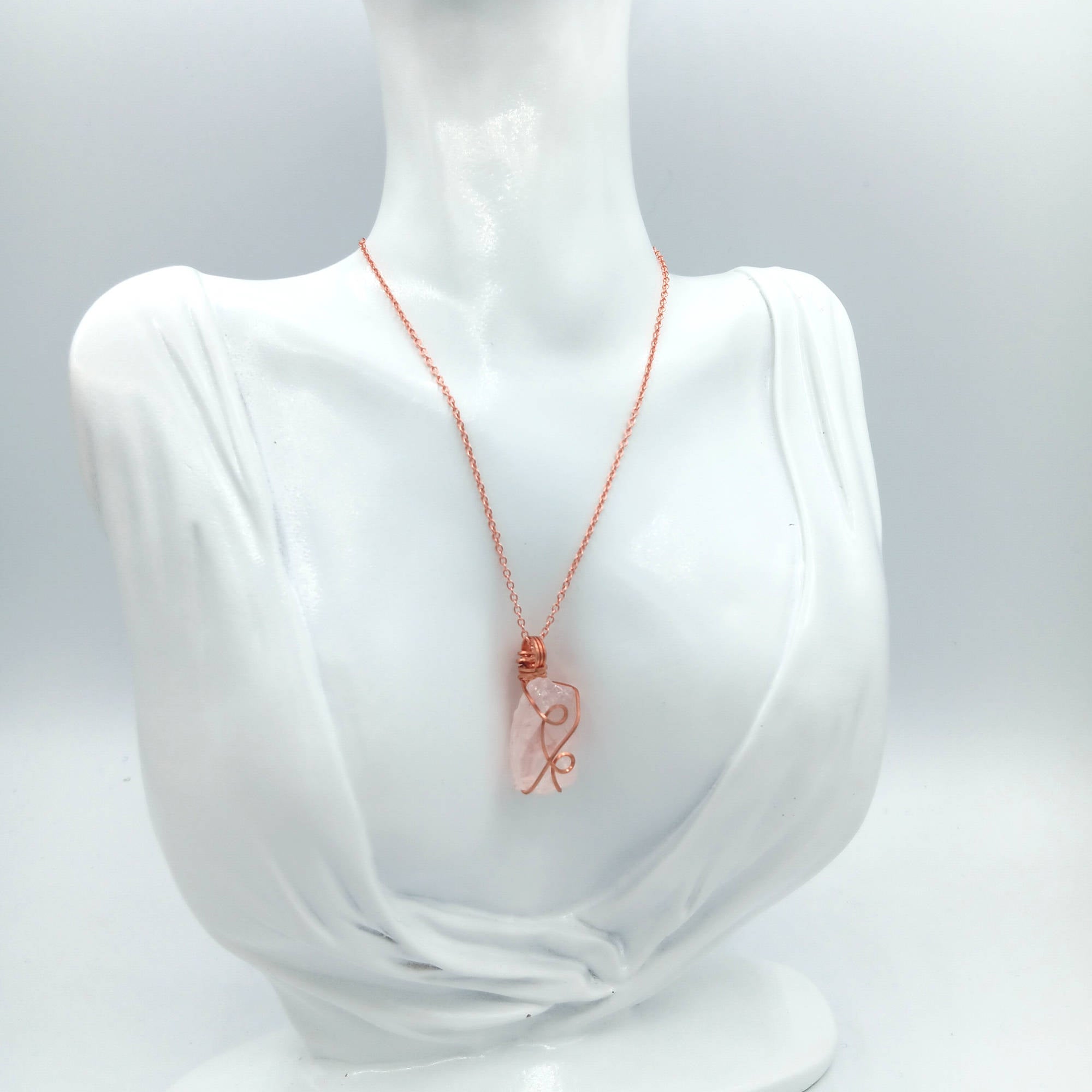 Chunky Raw Rose Quartz Crystal Pendant, Copper Wire-Wrapped, Handmade