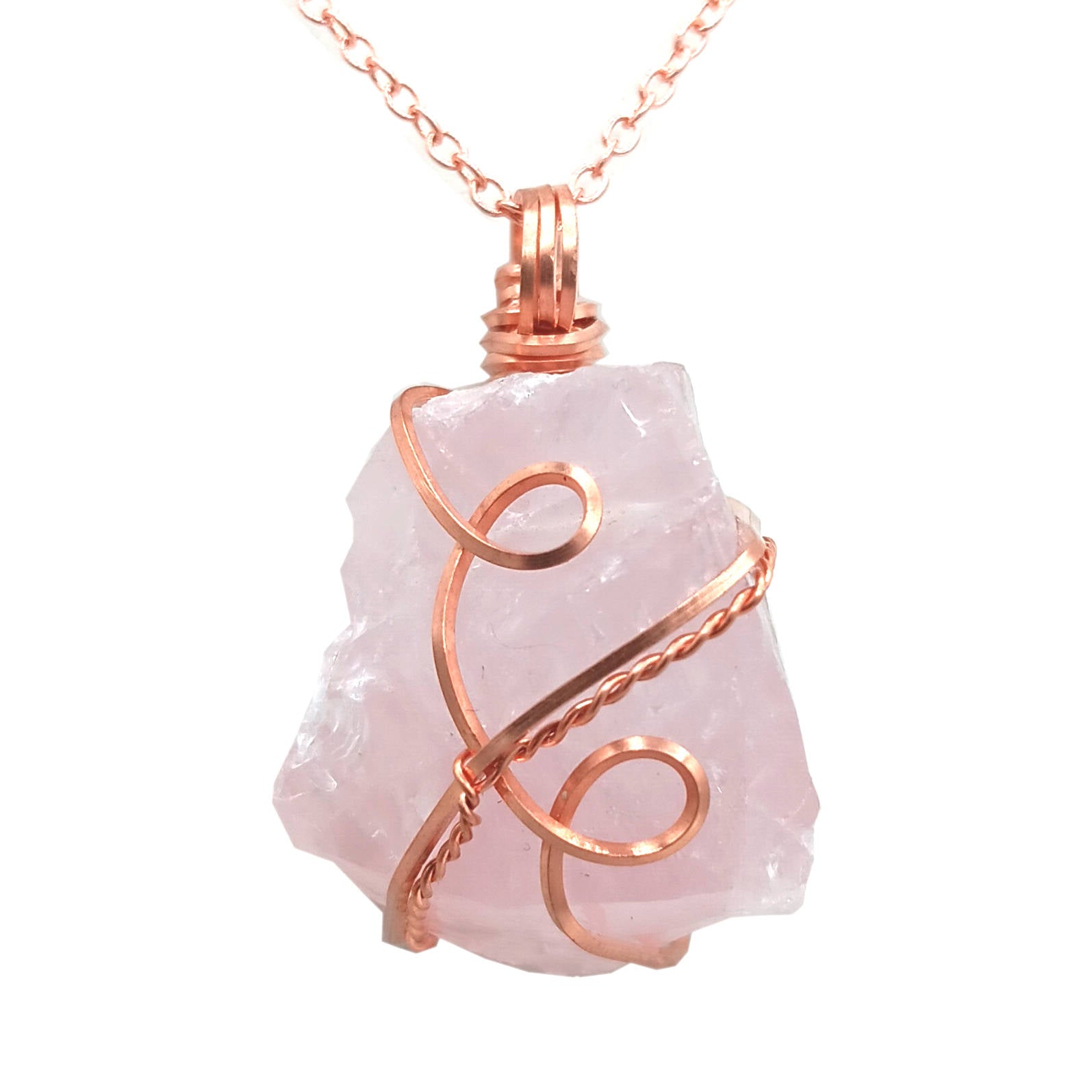 Chunky Raw Rose Quartz Crystal Pendant, Copper Wire-Wrapped, Handmade
