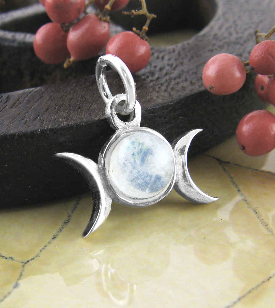 Little Triple Moon Gemstone Charm Pendant Necklace Cabochon Crescent Wiccan Goddess Lunar Phases White Witch Wicca Pagan Woman Witchcraft with moonstone front view