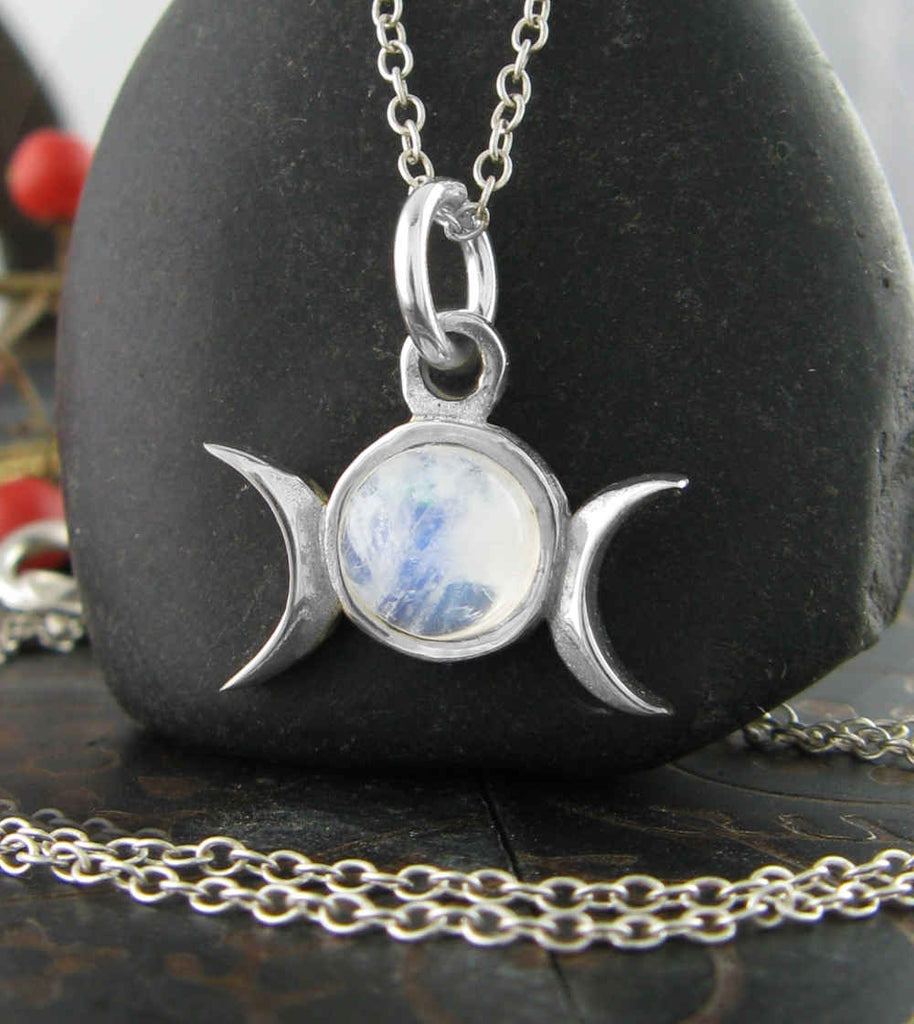 Little Triple Moon Charm, Handmade, YoLittle Triple Moon Gemstone Charm Pendant Necklace Cabochon Crescent Wiccan Goddess Lunar Phases White Witch Wicca Pagan Woman Witchcraft with necklaceur Choice of Stone, Sterling Silver