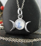 Little Triple Moon Charm, Handmade, YoLittle Triple Moon Gemstone Charm Pendant Necklace Cabochon Crescent Wiccan Goddess Lunar Phases White Witch Wicca Pagan Woman Witchcraft with necklaceur Choice of Stone, Sterling Silver
