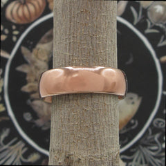 Front view of plain domed copper ring displayed on a gray tree branch with a black and earth tone graphic in the background.