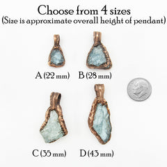 Labeled photo of four handmade pendants made of aquamarine crystals framed in copper with patterns and inscriptions of symbols and matching copper bails next to US dime to show scale on white background.