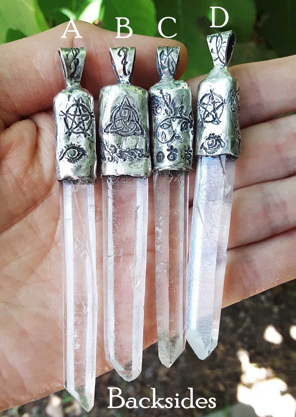 Capped Raw Quartz Crystal Point Pendants with Pentacles, Moons, & Vines, 100% Handmade, Fine Silver