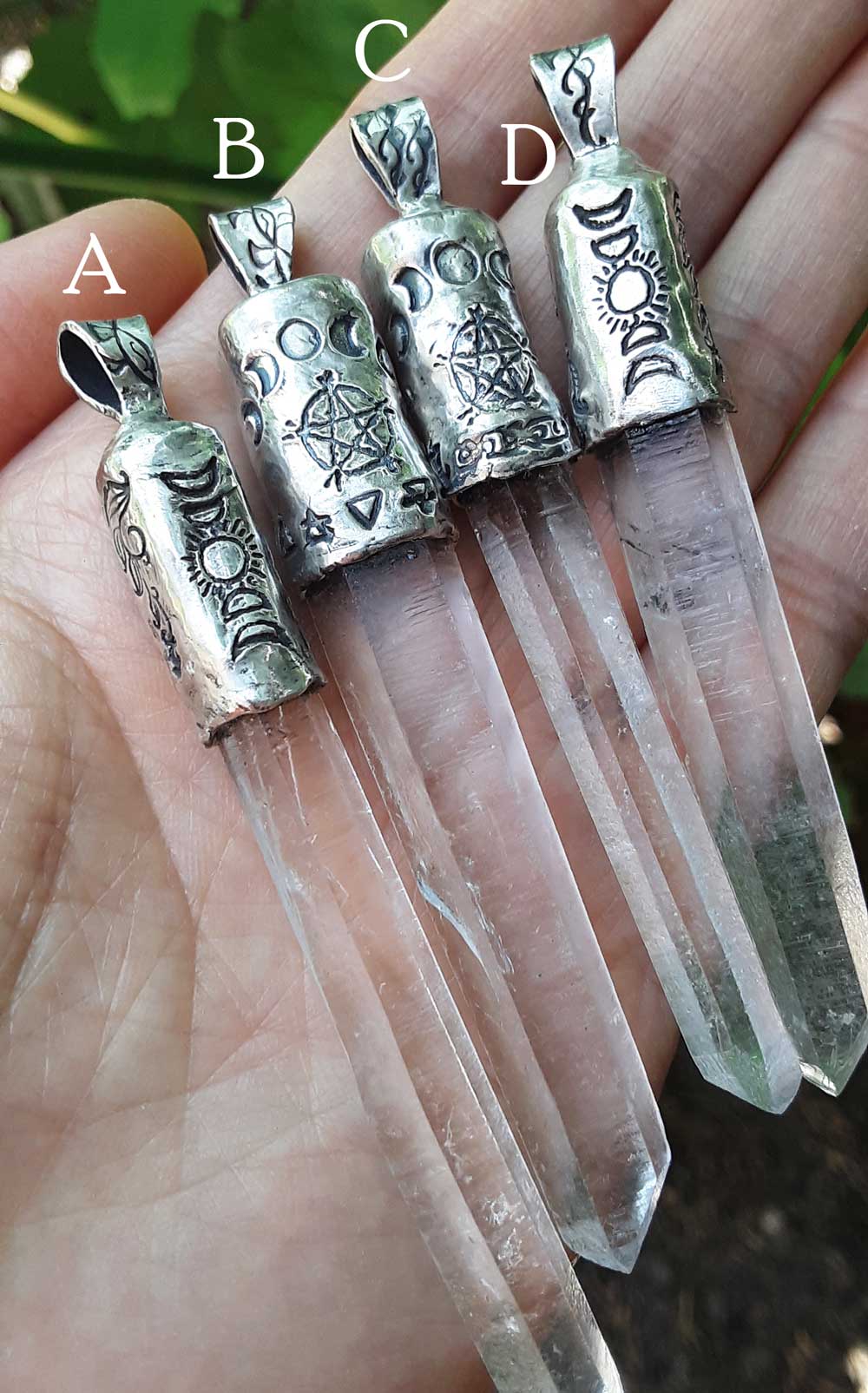 Capped Raw Quartz Crystal Point Pendants with Pentacles, Moons, & Vines, 100% Handmade, Fine Silver