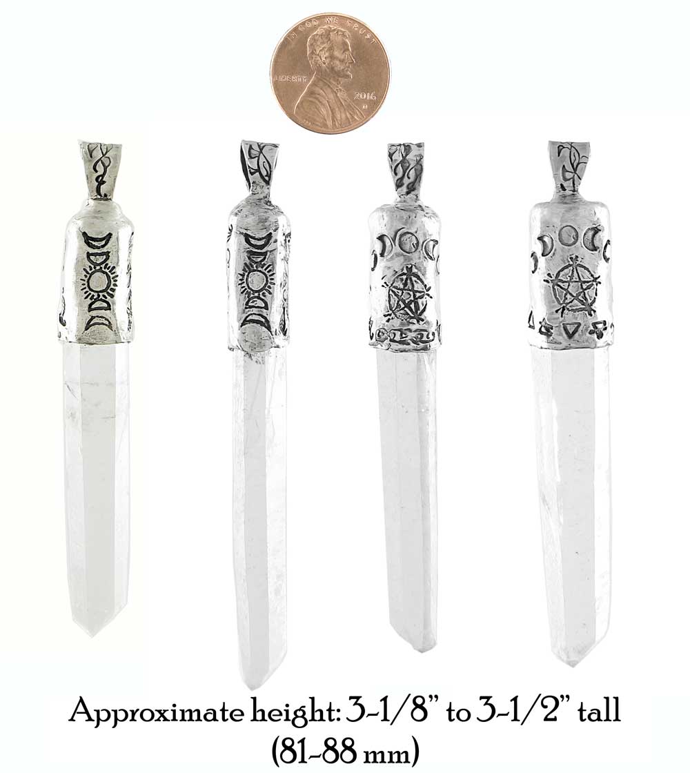 Capped Raw Quartz Crystal Point Pendants with Pentacles, Moons, & Vines, 100% Handmade, Fine Silver