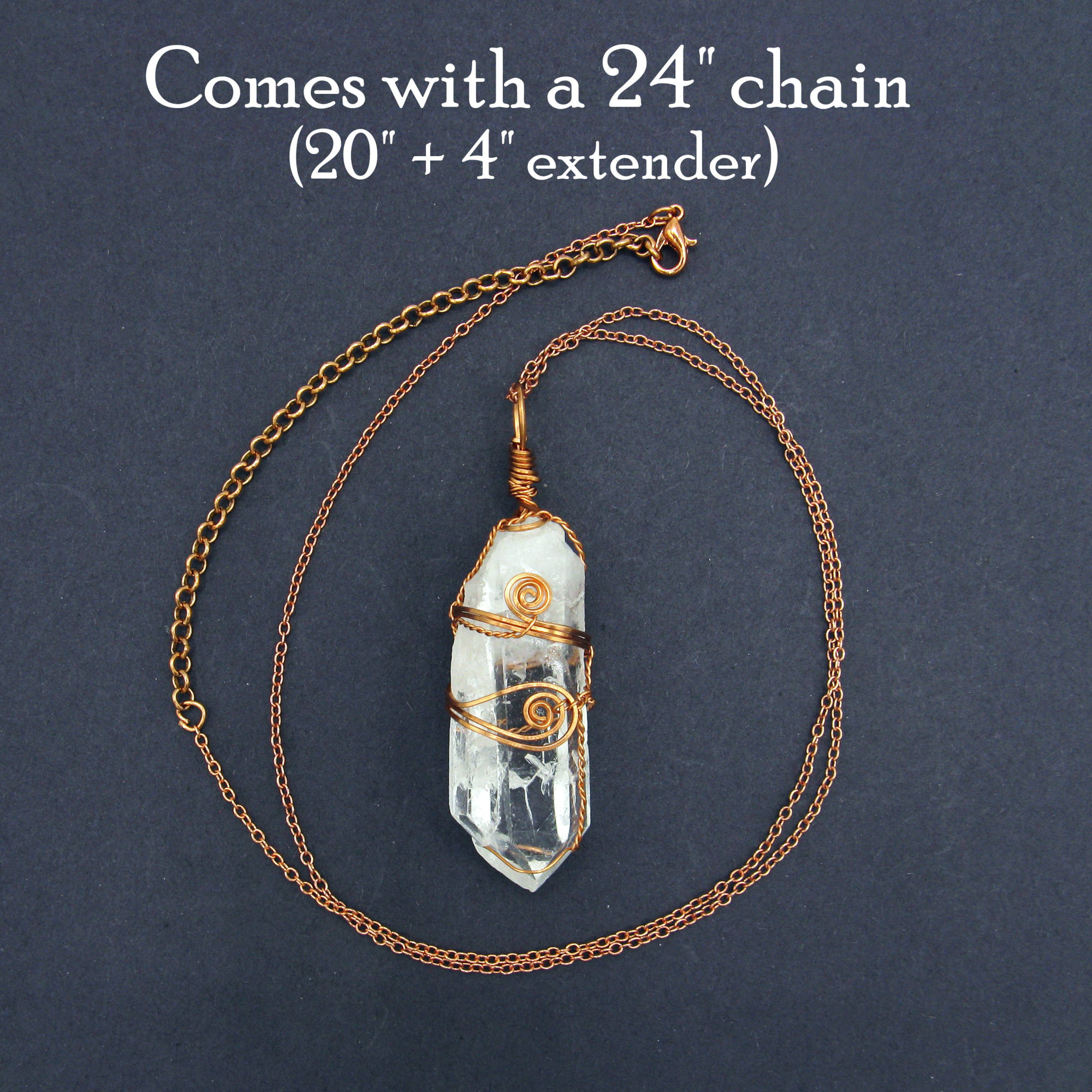 Raw Quartz Crystal Point Handmade Pendant Necklace Copper Wire-Wrapped Two Swirls 24 Inch Chain | Woot & Hammy