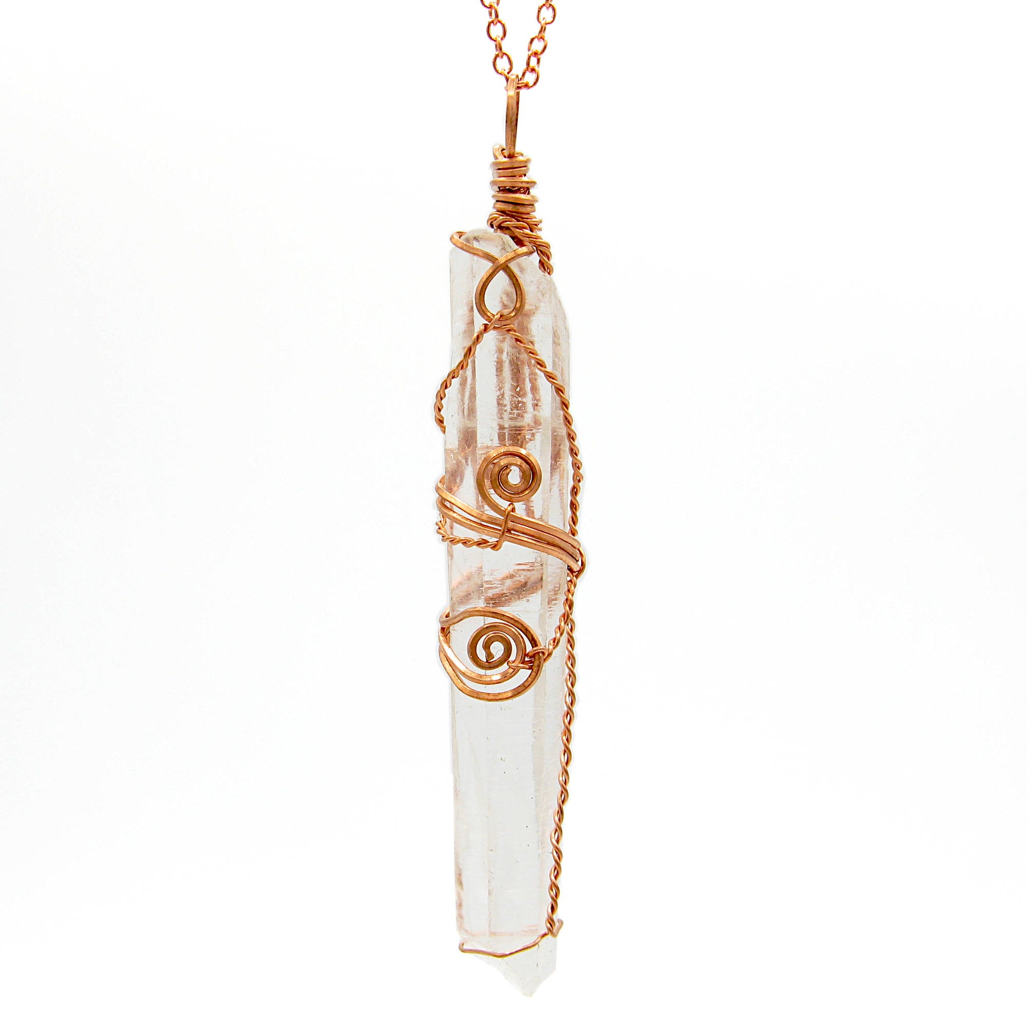 Raw Quartz Crystal Point Handmade Pendant Necklace Copper Wire-Wrapped Two Swirls 24 Inch Chain | Woot & Hammy