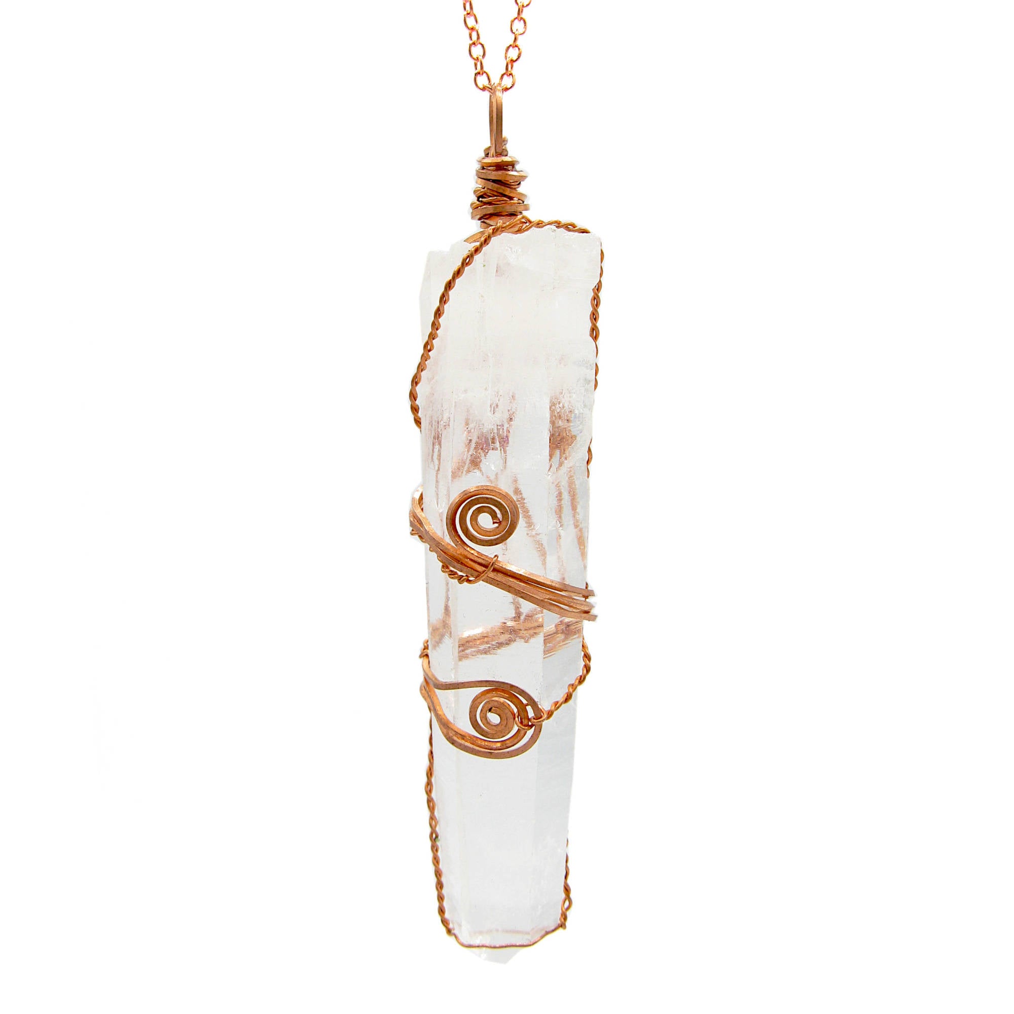 Raw Quartz Crystal Point Handmade Pendant Necklace Copper Wire-Wrapped Two Swirls 24 Inch Chain | Woot & Hammy