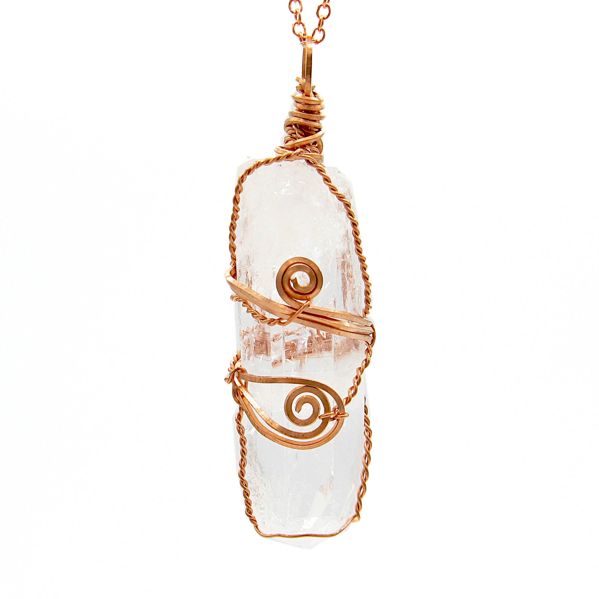 Raw Quartz Crystal Point Handmade Pendant Necklace Copper Wire-Wrapped Two Swirls 24 Inch Chain | Woot & Hammy