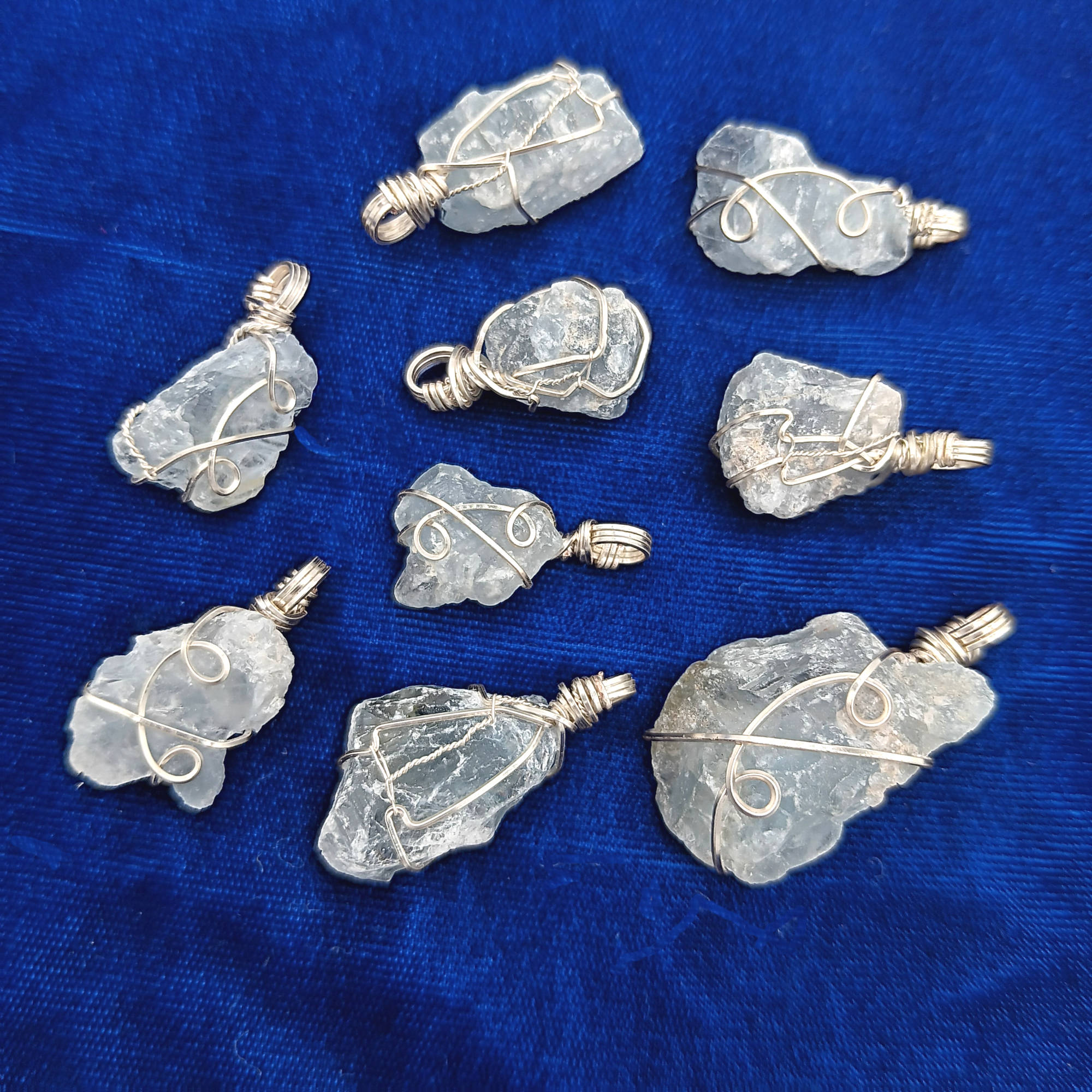 Raw Blue Celestite Crystal Pendant, Silver Wire-Wrapped, with 20" Chain, Handmade