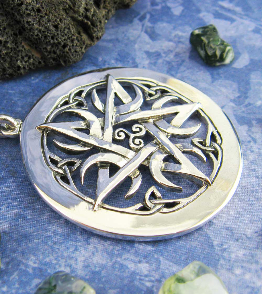 Large 1.5" Five Crescent Moons Celtic Pentacle Pendant, Handmade