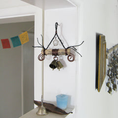 3-Bell Hanging Witch's Bell on Natural Branch Pentagram Charm Spirals Handmade For Energy Cleansing | Woot & Hammy