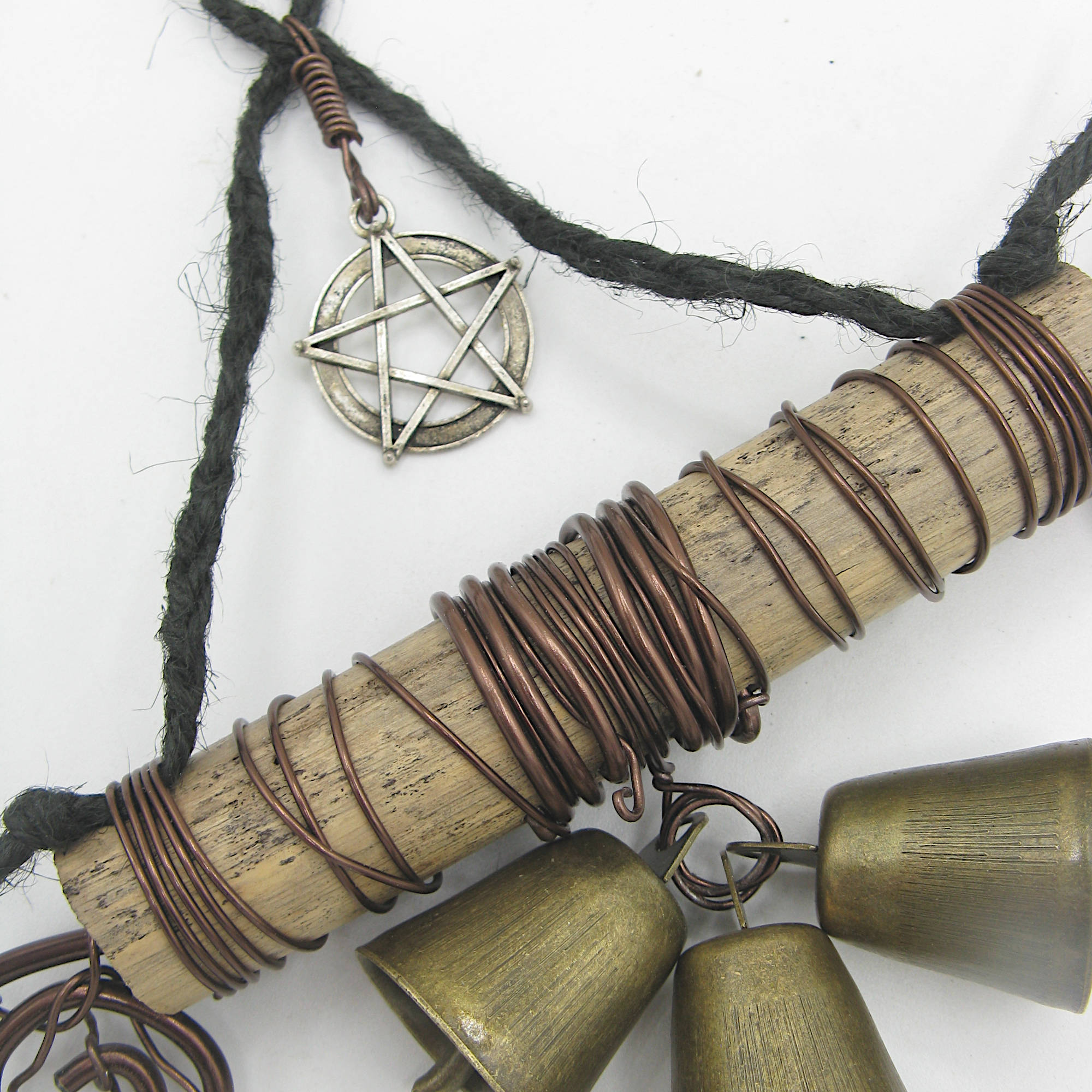 3-Bell Hanging Witch's Bell on Natural Branch Pentagram Charm Spirals Black Twine Handmade For Energy Cleansing | Woot & Hammy