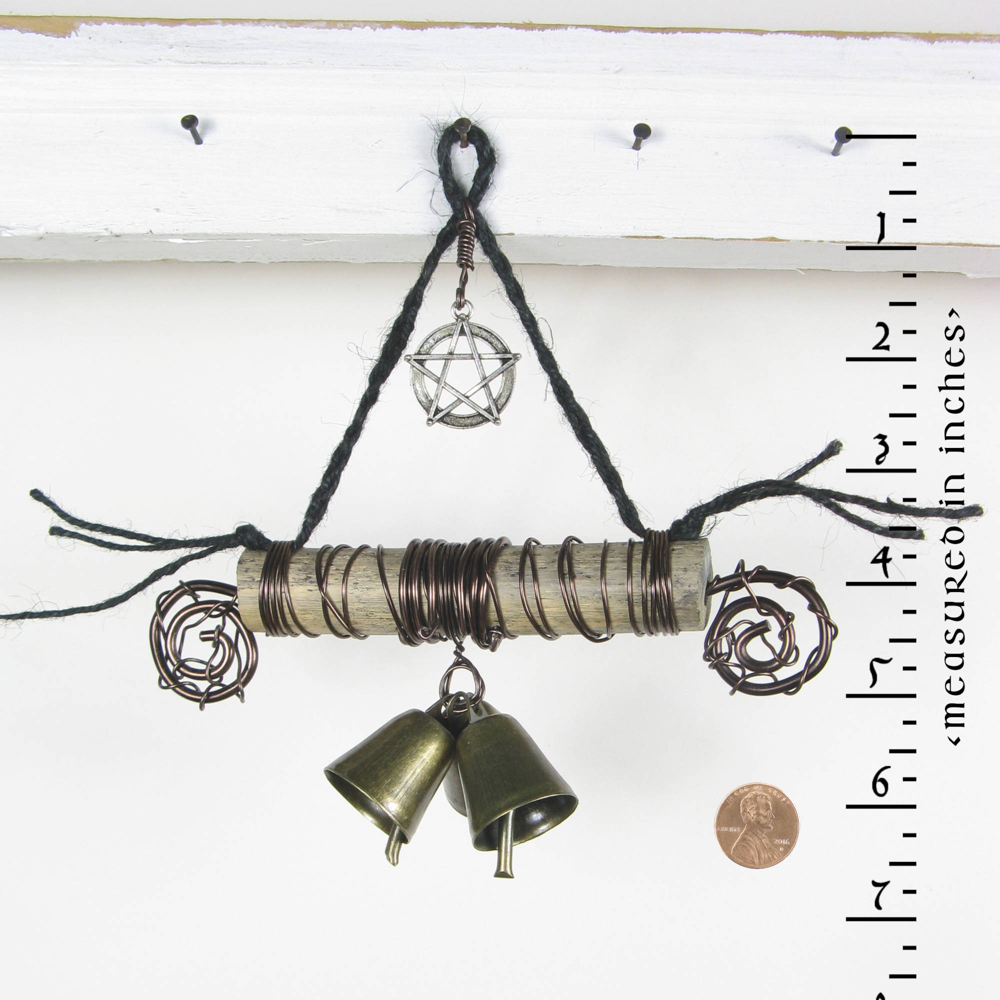 3-Bell Hanging Witch's Bell on Natural Branch Pentagram Charm Spirals Black Twine Handmade For Energy Cleansing | Woot & Hammy