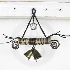 3-Bell Hanging Witch's Bell on Natural Branch Pentagram Charm Spirals Black Twine Handmade For Energy Cleansing | Woot & Hammy