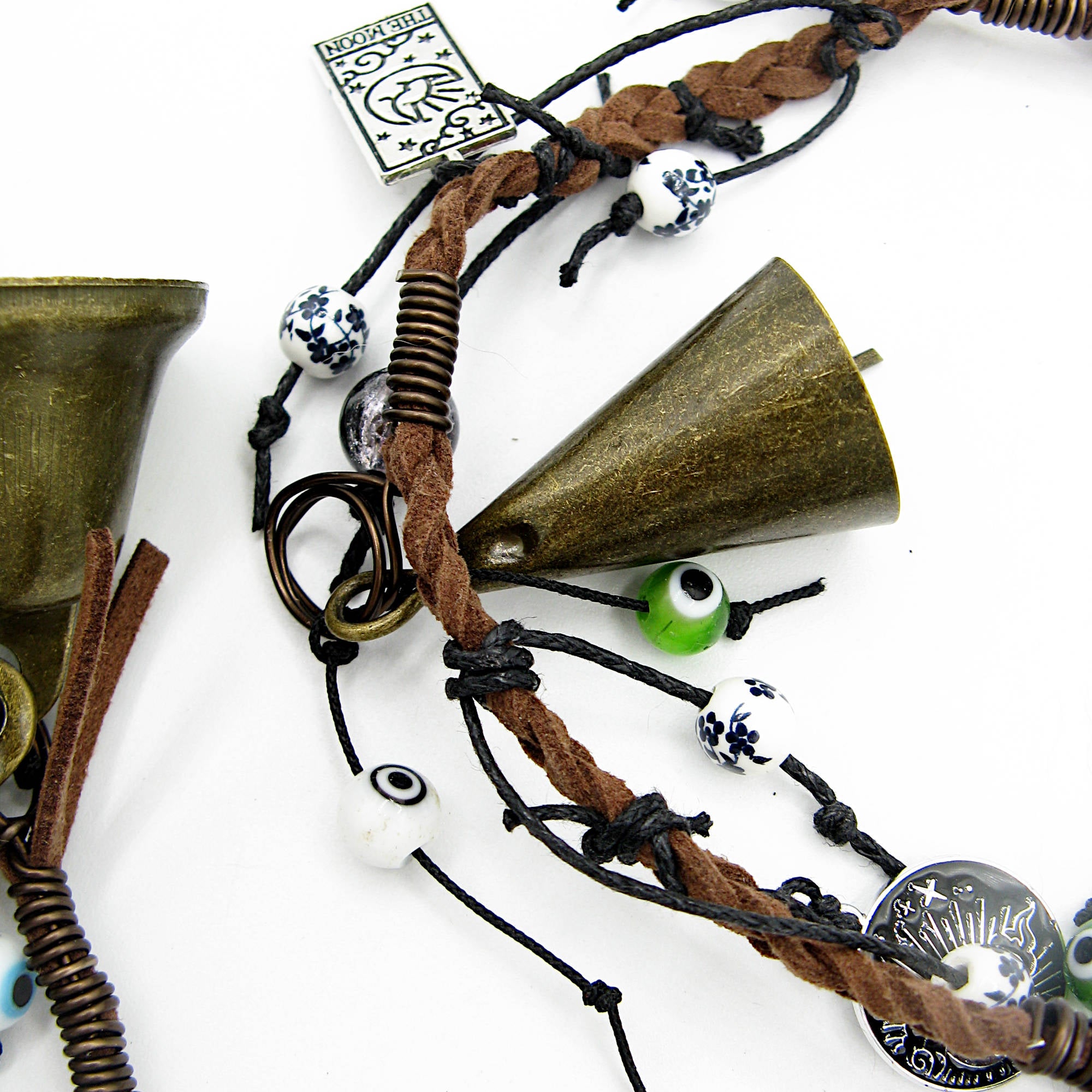 Long Hanging Witch's Bell Braided Leather Evil Eyes Glass Porcelain Beads Moon Charms Ouija Handmade Protection Cleansing Pagan Wiccan Decoration Sacred Space Primitive | Woot & Hammy