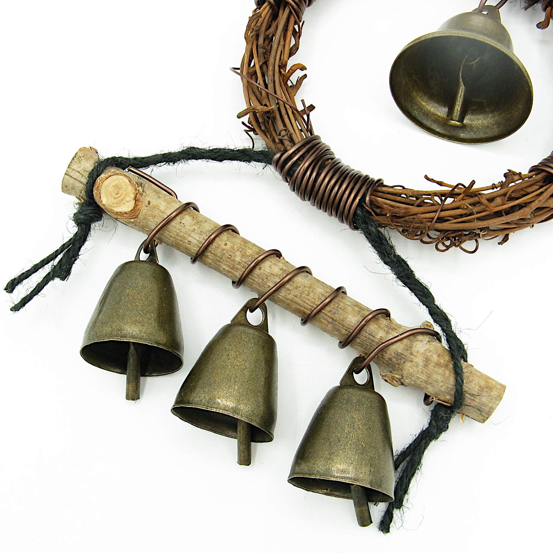 Hanging Witch's Bell Wreath 4 Bells Twig Branch Black Twine Handmade Energy Cleansing Protection Pagan Wiccan Decoration Sacred Space Nature Rustic Primitive | Woot & Hammy