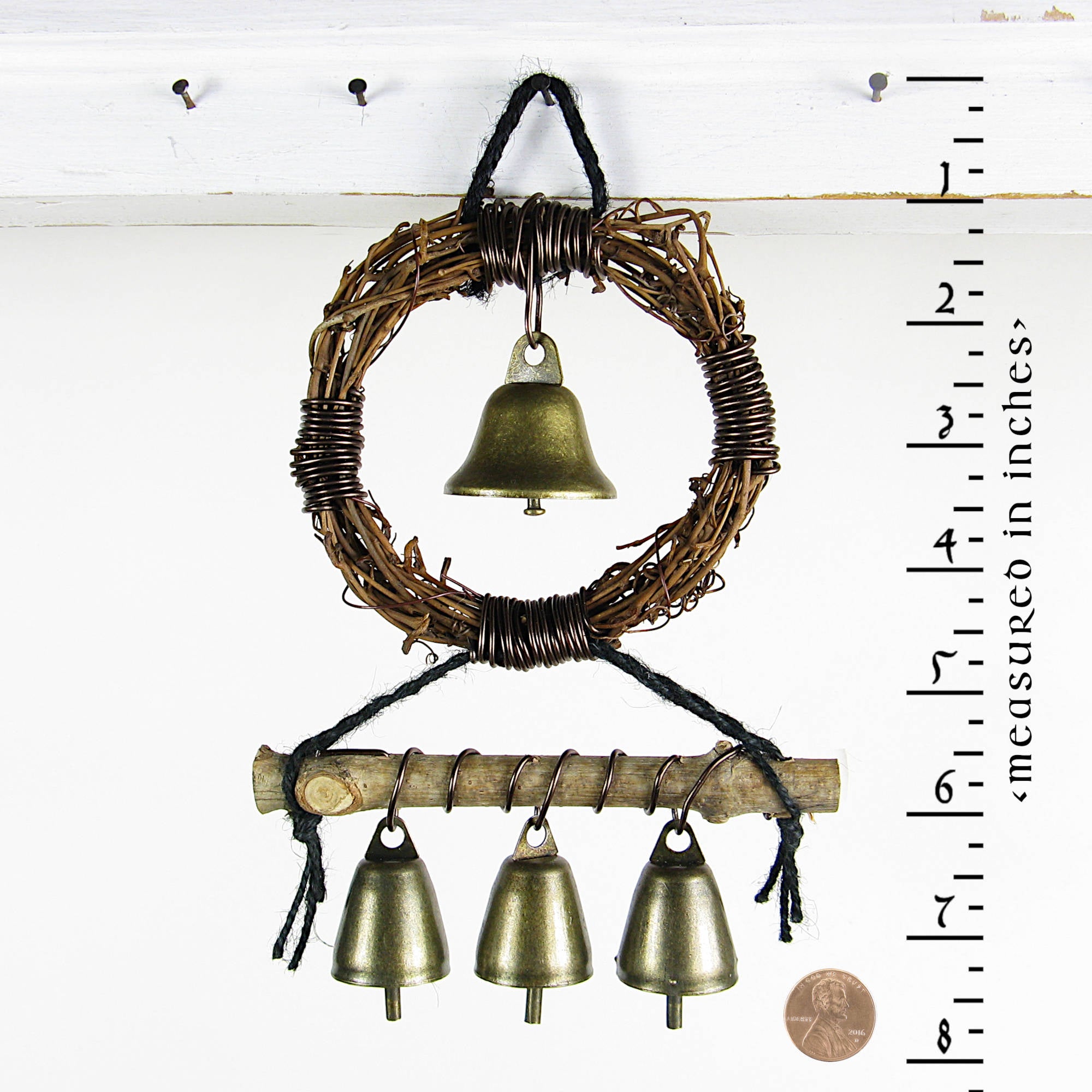 Hanging Witch's Bell Wreath 4 Bells Twig Branch Black Twine Handmade Energy Cleansing Protection Pagan Wiccan Decoration Sacred Space Nature Rustic Primitive | Woot & Hammy