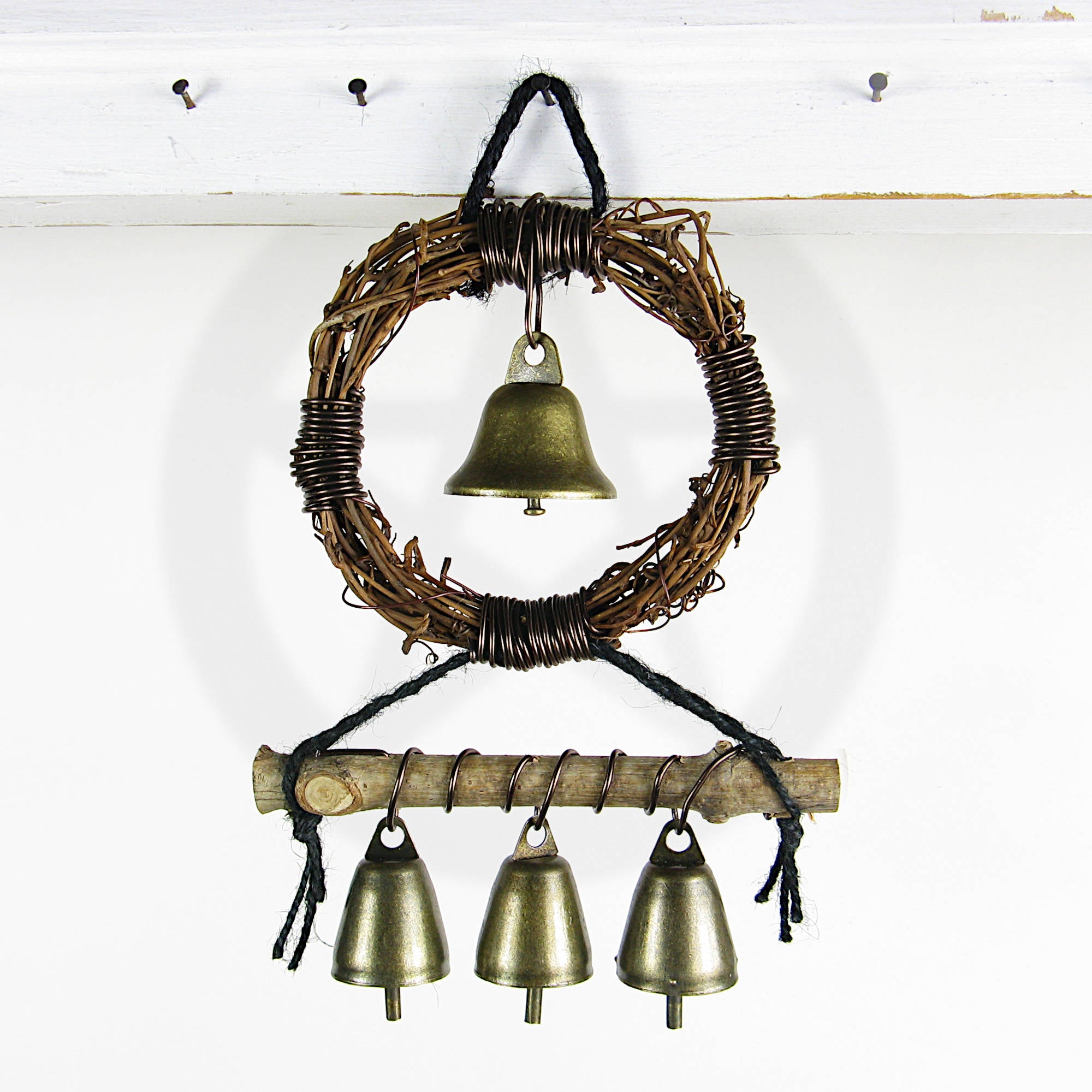 Hanging Witch's Bell Wreath 4 Bells Twig Branch Black Twine Handmade Energy Cleansing Protection Pagan Wiccan Decoration Sacred Space Nature Rustic Primitive | Woot & Hammy