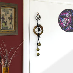 Witch's Bell Small Wreath Black Spiral 3 Large Sleigh Bells Black Cord Energy Cleansing Wiccan Witchy Decor | Woot & Hammy