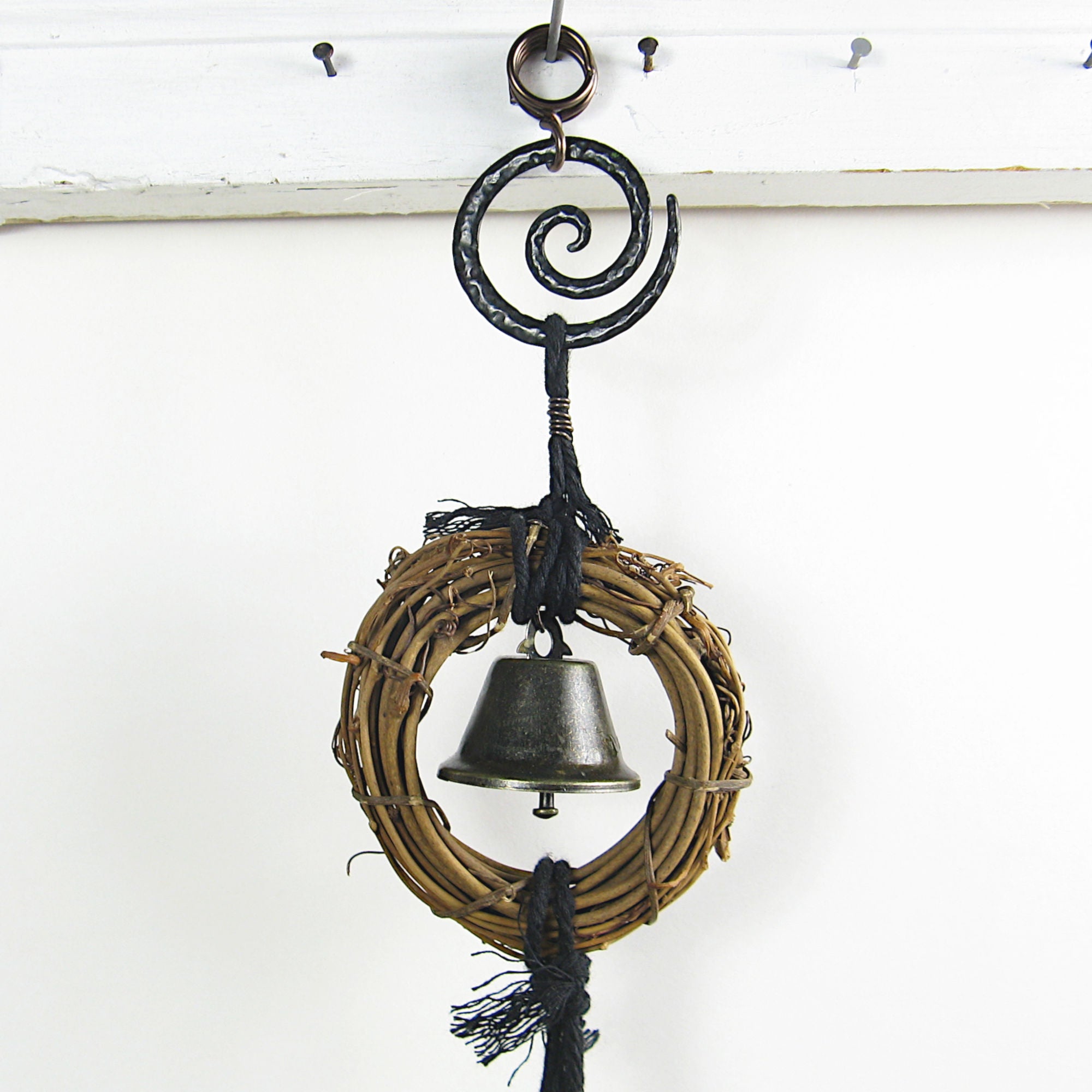 Witch's Bell Small Wreath Black Spiral 3 Large Sleigh Bells Black Cord Energy Cleansing Wiccan Witchy Decor | Woot & Hammy