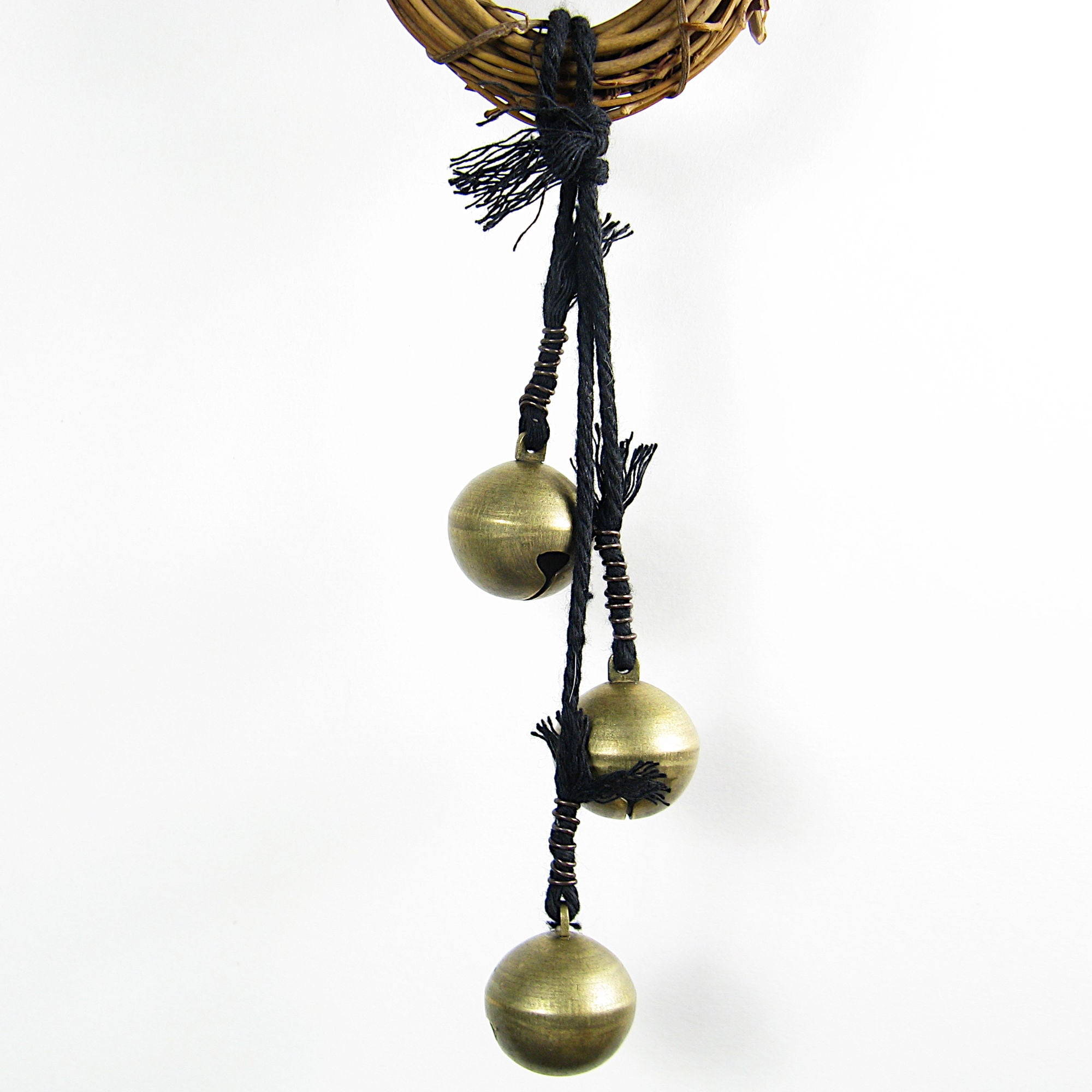 Witch's Bell Small Wreath Black Spiral 3 Large Sleigh Bells Black Cord Energy Cleansing Wiccan Witchy Decor | Woot & Hammy