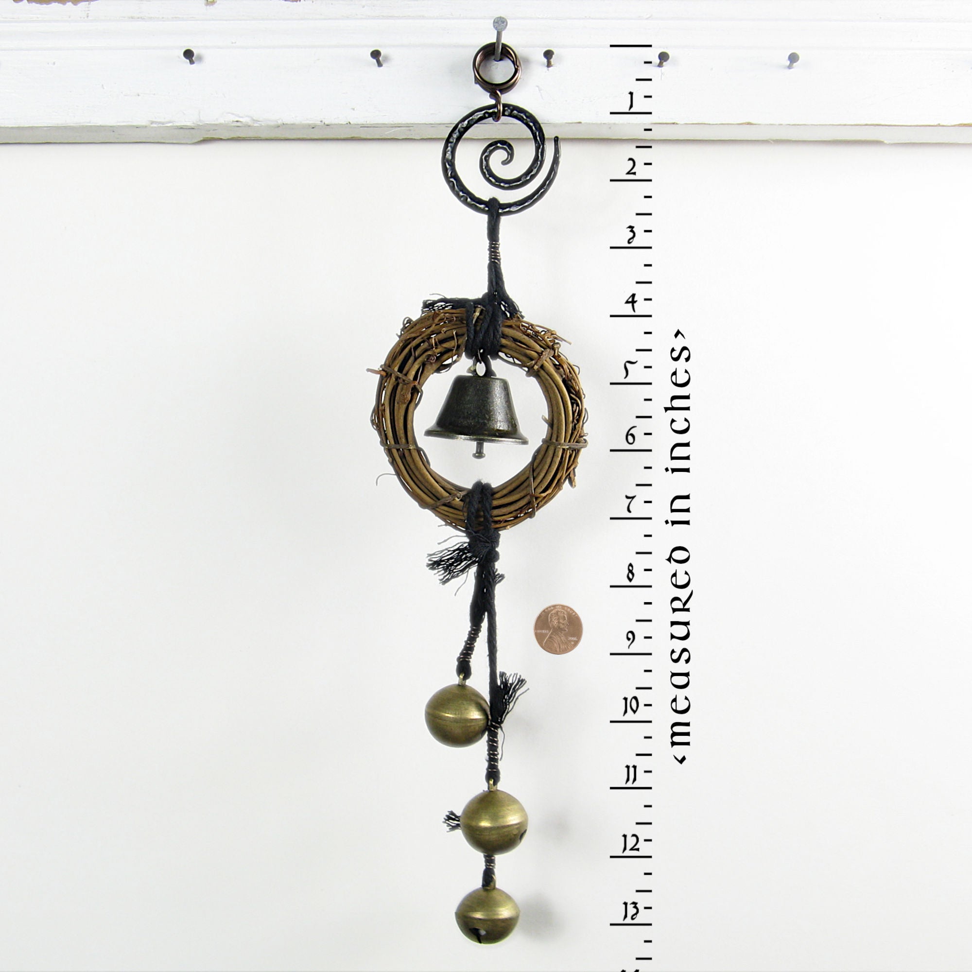 Witch's Bell Small Wreath Black Spiral 3 Large Sleigh Bells Black Cord Energy Cleansing Wiccan Witchy Decor | Woot & Hammy