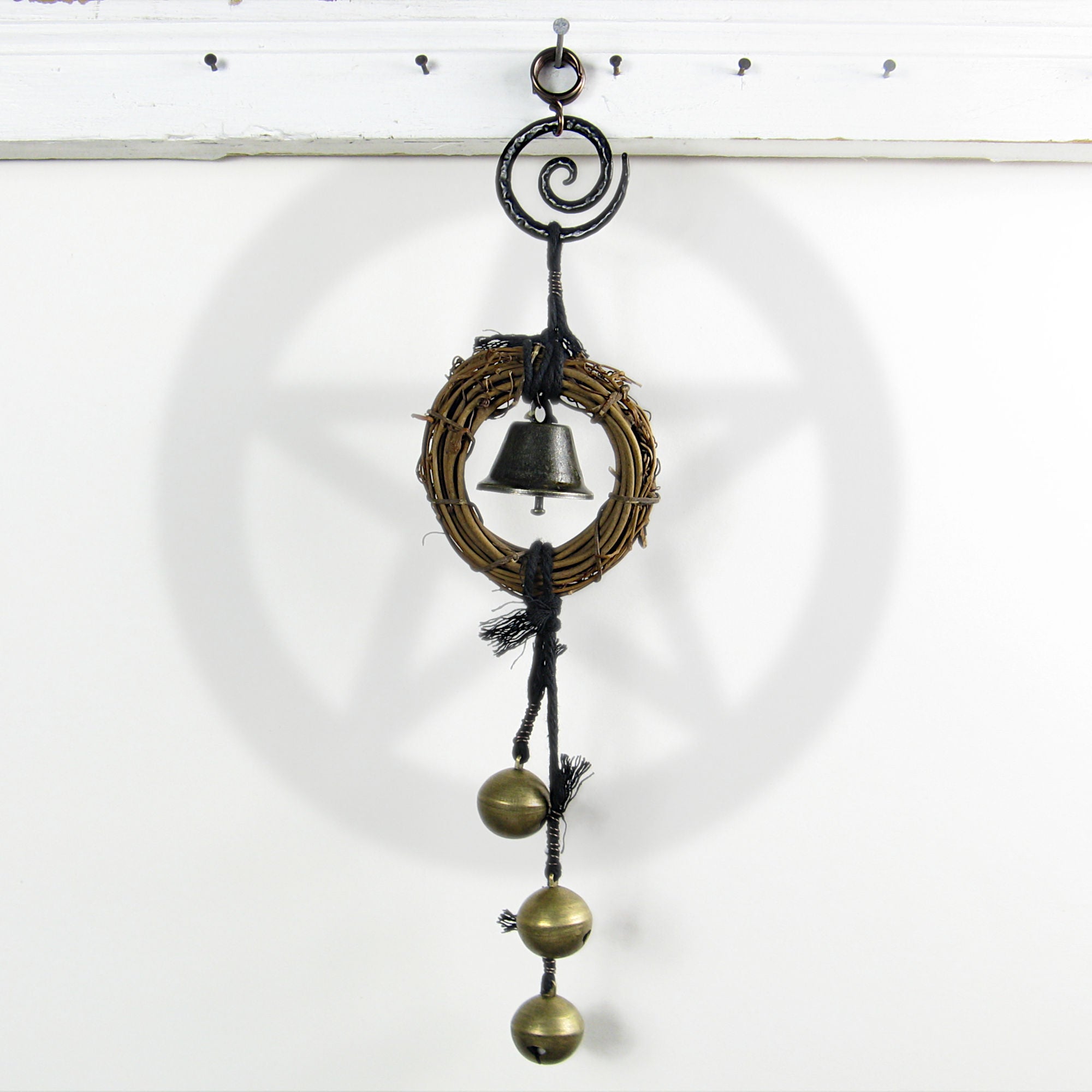 Witch's Bell Small Wreath Black Spiral 3 Large Sleigh Bells Black Cord Energy Cleansing Wiccan Witchy Decor | Woot & Hammy
