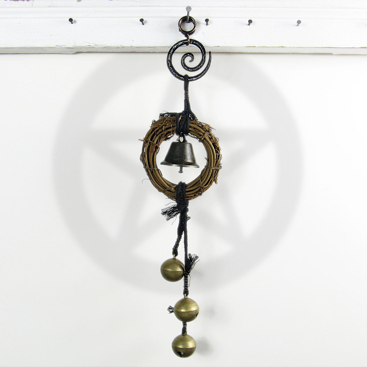 Witch's Bell Small Wreath Black Spiral 3 Large Sleigh Bells Black Cord Energy Cleansing Wiccan Witchy Decor | Woot & Hammy