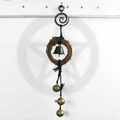 Witch's Bell Small Wreath Black Spiral 3 Large Sleigh Bells Black Cord Energy Cleansing Wiccan Witchy Decor | Woot & Hammy