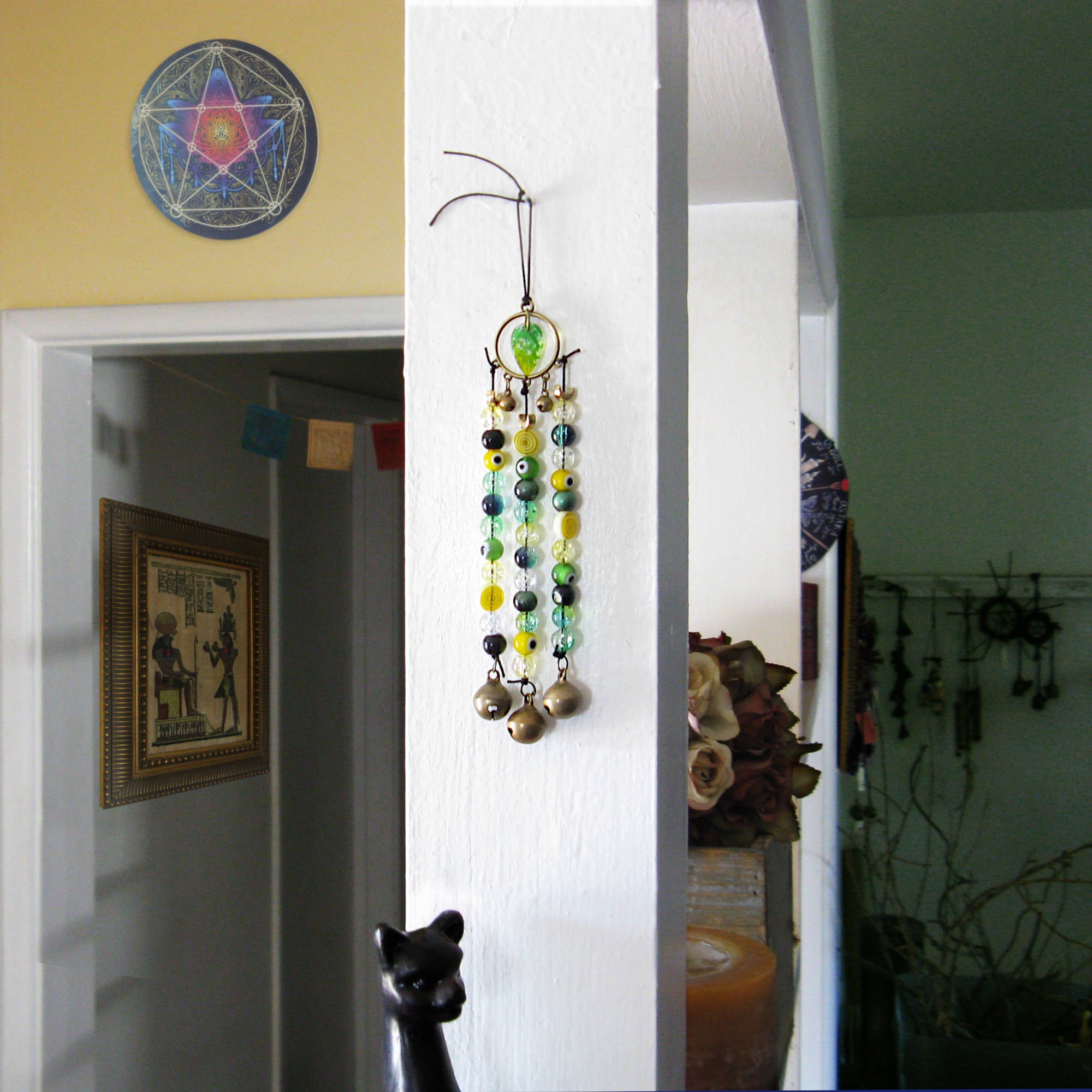 Witch's Bell Suncatcher Talisman Glass Beads Evil Eyes Handcrafted