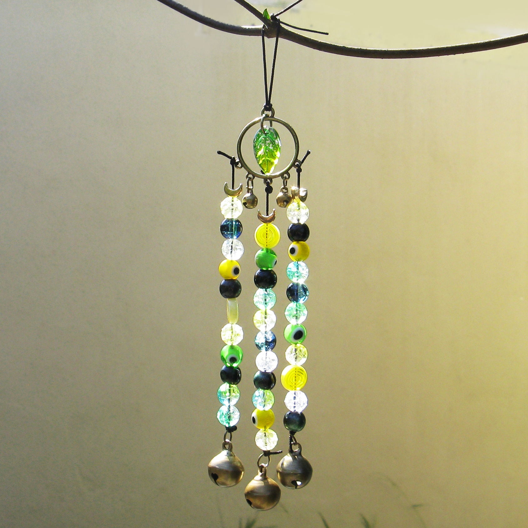 Witch's Bell Suncatcher Talisman Glass Beads Evil Eyes Handcrafted