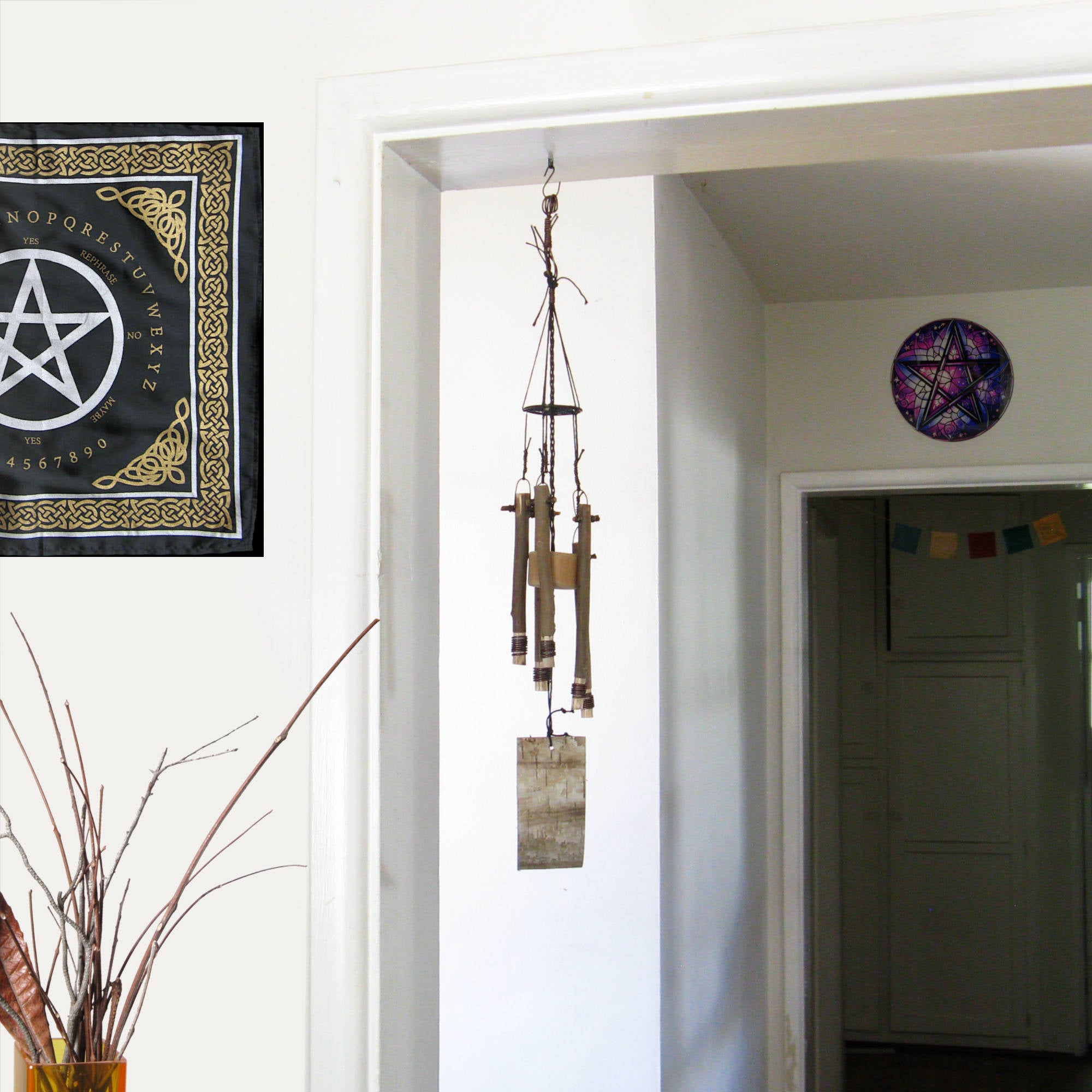 Soft-Sounding Windchime Twigs Chunky Driftwood Bark Evil Eye and Pentacle Charms Handmade | Woot & Hammy