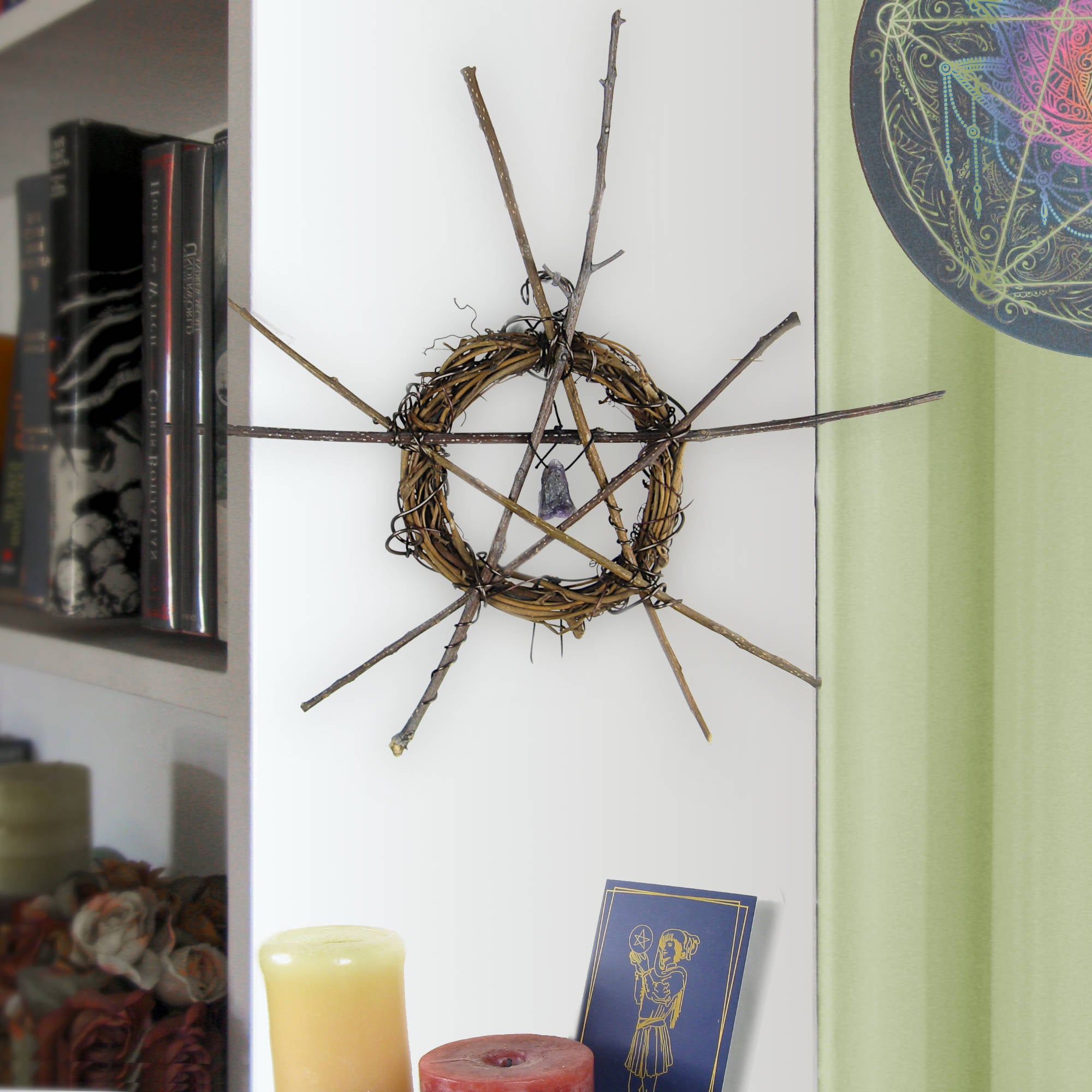 Wall Hanging with Wreath, Rustic Twig Pentagram, Raw Amethyst and Quartz Crystals - Handmade - Protection Calmness Pagan Wiccan Sacred Space Altar Nature Rustic | Woot & Hammy