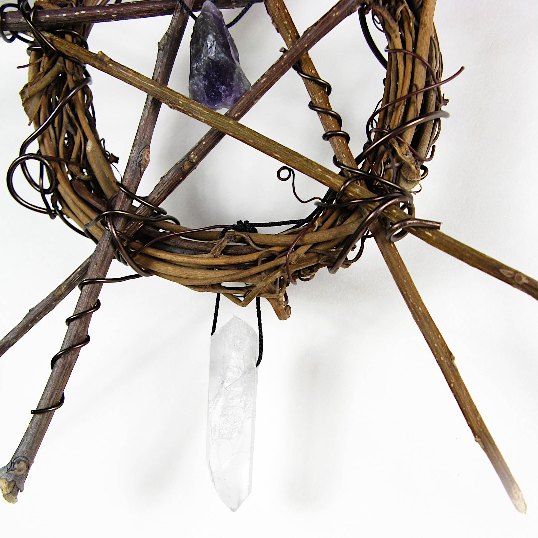 Wall Hanging with Wreath, Rustic Twig Pentagram, Raw Amethyst and Quartz Crystals - Handmade - Protection Calmness Pagan Wiccan Sacred Space Altar Nature Rustic | Woot & Hammy