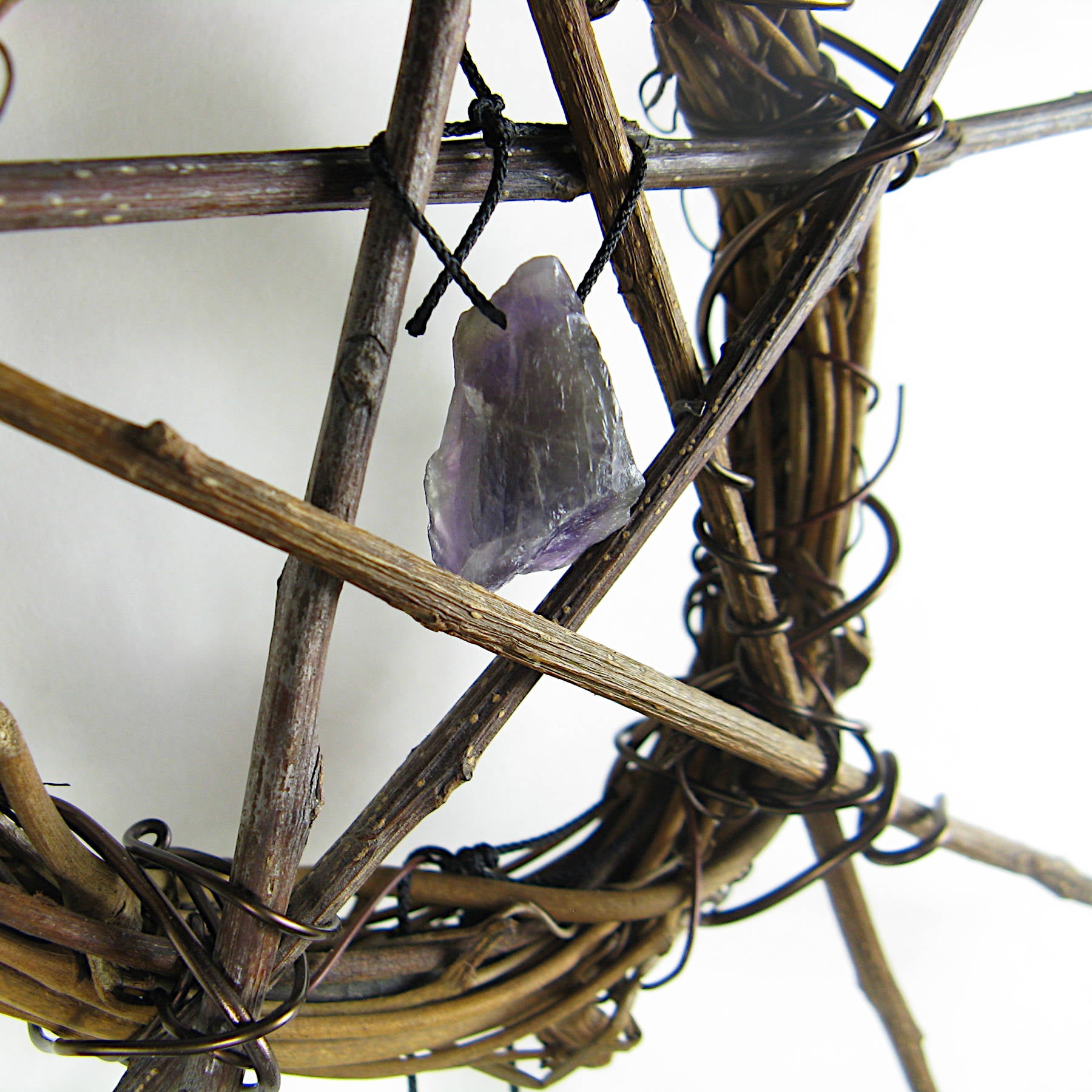 Wall Hanging with Wreath, Rustic Twig Pentagram, Raw Amethyst and Quartz Crystals - Handmade - Protection Calmness Pagan Wiccan Sacred Space Altar Nature Rustic | Woot & Hammy