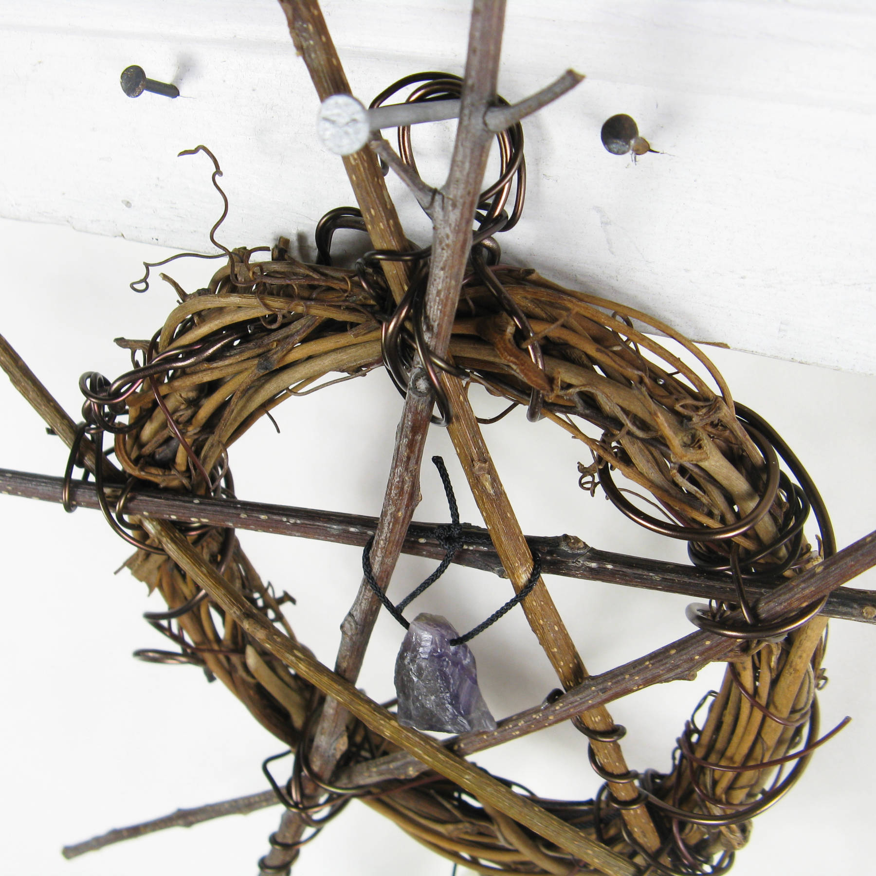 Wall Hanging with Wreath, Rustic Twig Pentagram, Raw Amethyst and Quartz Crystals - Handmade - Protection Calmness Pagan Wiccan Sacred Space Altar Nature Rustic | Woot & Hammy