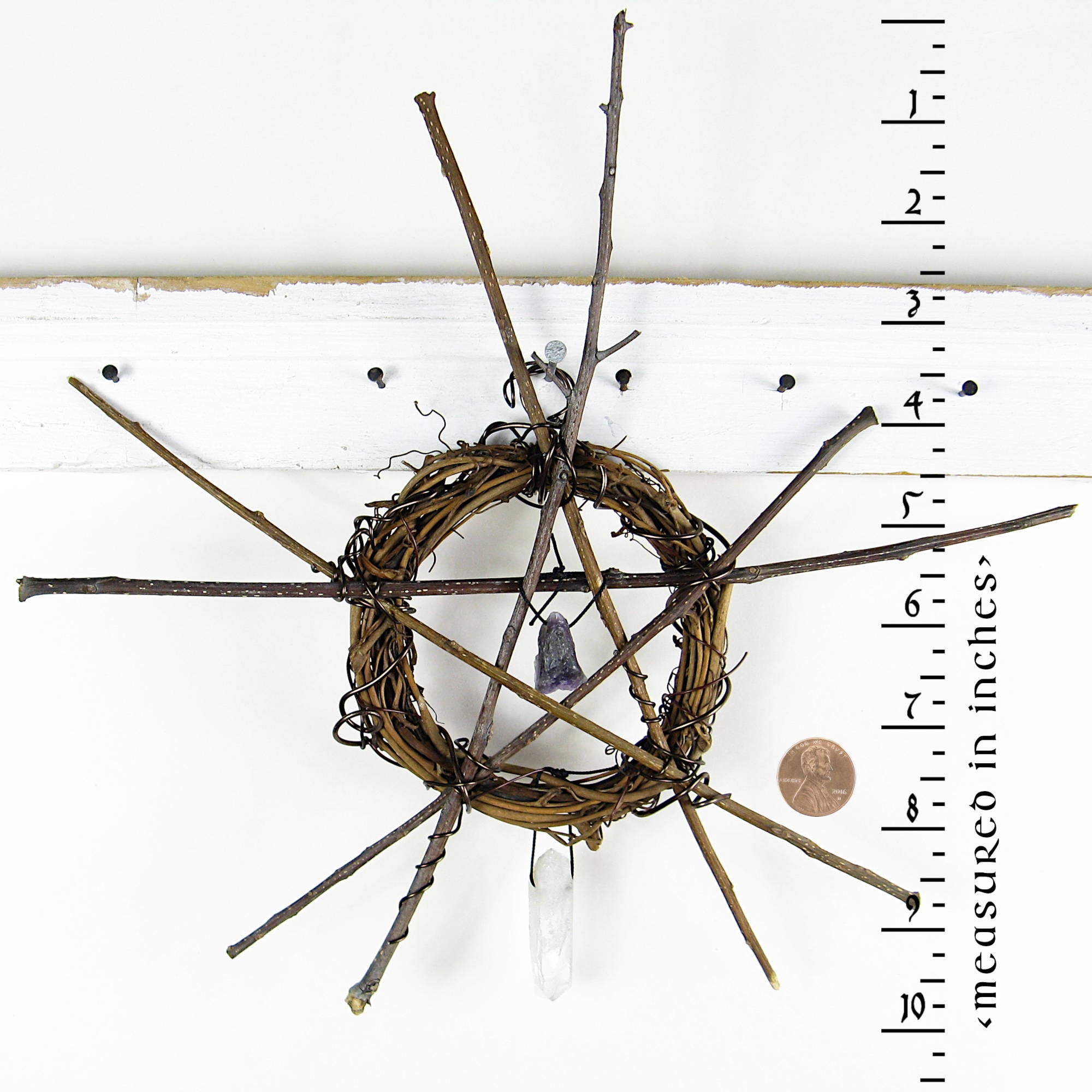 Wall Hanging with Wreath, Rustic Twig Pentagram, Raw Amethyst and Quartz Crystals - Handmade - Protection Calmness Pagan Wiccan Sacred Space Altar Nature Rustic | Woot & Hammy