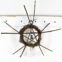 Wall Hanging with Wreath, Rustic Twig Pentagram, Raw Amethyst and Quartz Crystals - Handmade - Protection Calmness Pagan Wiccan Sacred Space Altar Nature Rustic | Woot & Hammy