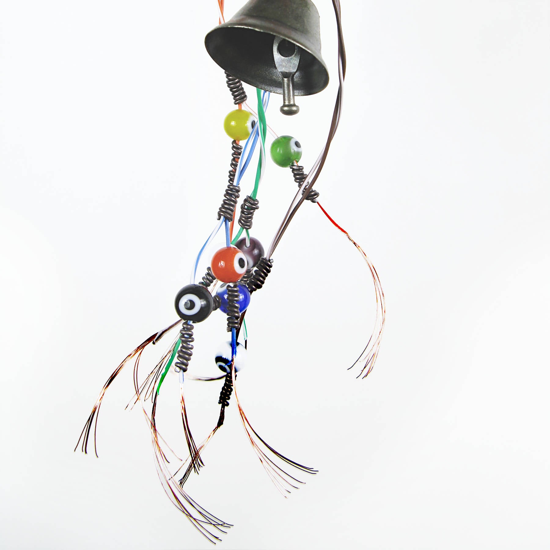 Witch's Bell Made With Multi-colored Telephone Wire and Glass Evil Eye Beads Handmade Energy Cleansing Protection Pagan Wiccan Sacred Space Healing Rustic Primitive | Woot & Hammy